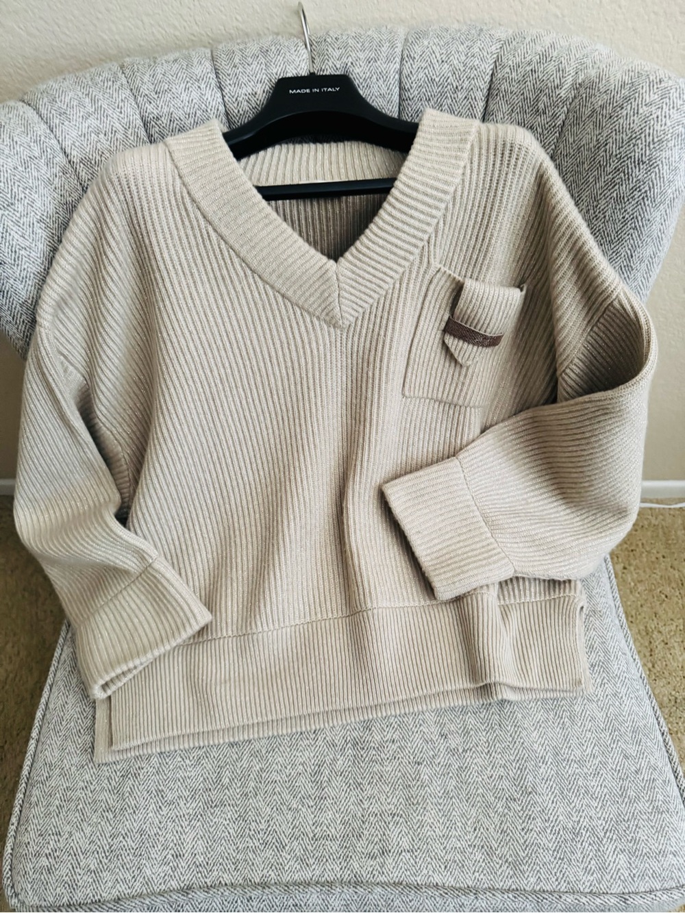 Brunello Cucinelli Neutral Ribbed V-Neck Sweater